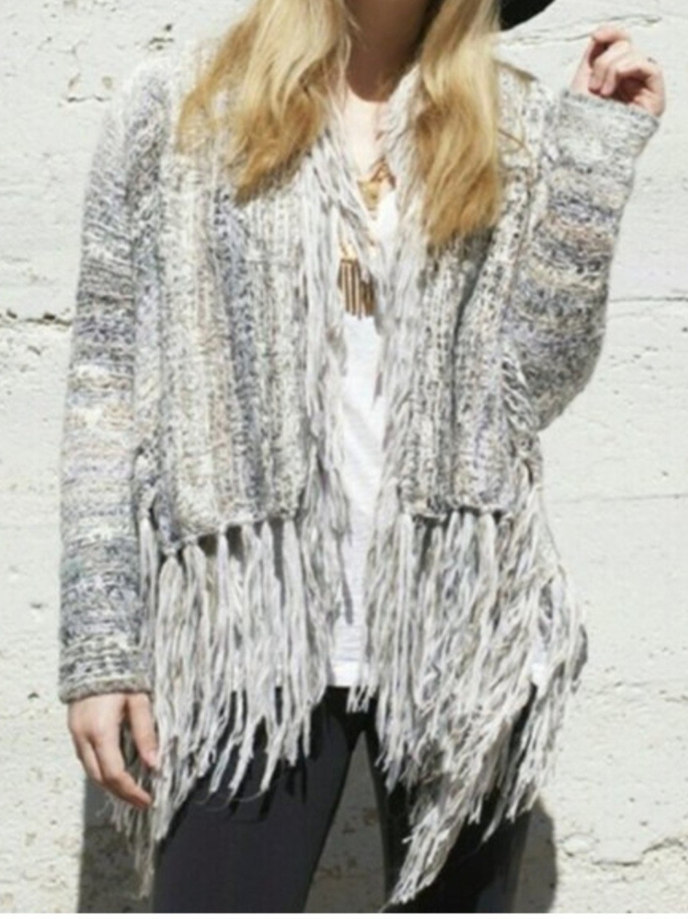 Free People Gray Multitone Fringe Open-Front Cardigan